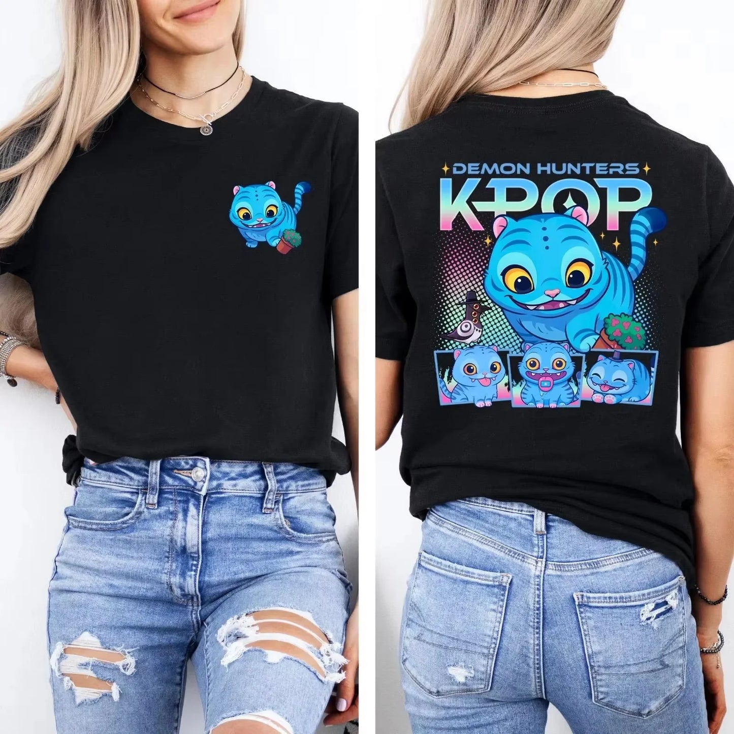 2025 KPop Demon Hunters T-shirt graphique noir mignon Demon Hunters T-shirt avec haut léger à col rond d'été pour les fans de K-Pop