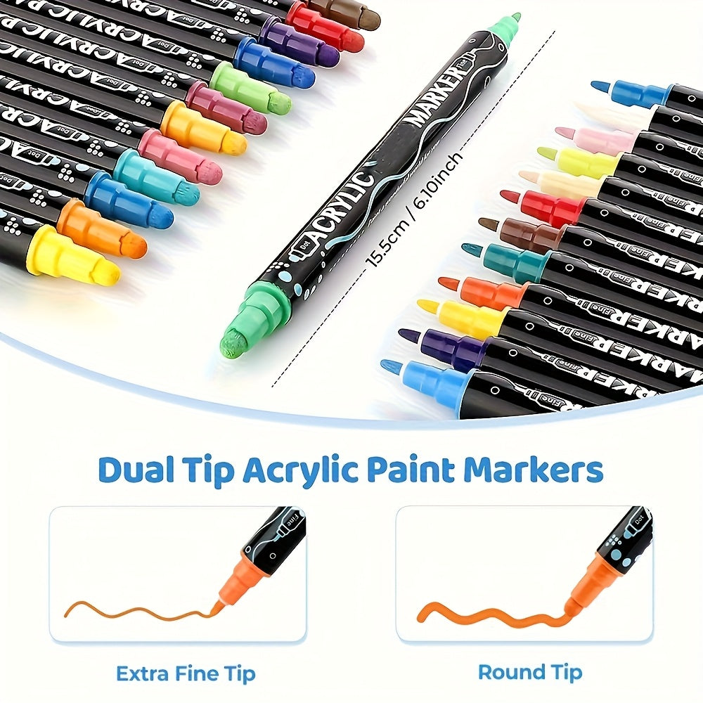 36 Colors Dual Tip Acrylic Pens Markers, Double Tip Premium Acrylic Markers, Acrylic Markers for Wood, Rock Painting, Glass, Canvas, Stone, DIY Crafts Making Art Supplies