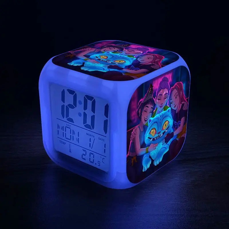 New K-Pop Demon Hunters Mira Jinu Zoey Cute Cartoon Student Alarm Clock Bedside Night Light Electronic Clock Decorative Ornament
