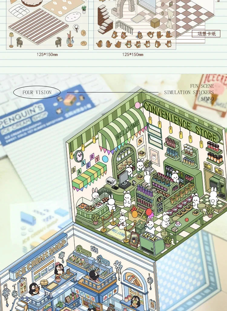 Autocollants d'aménagement paysager 3D Kawaii, scène Miniature de dessin animé, empilage visuel, autocollants tridimensionnels, cadeau de noël pour enfants