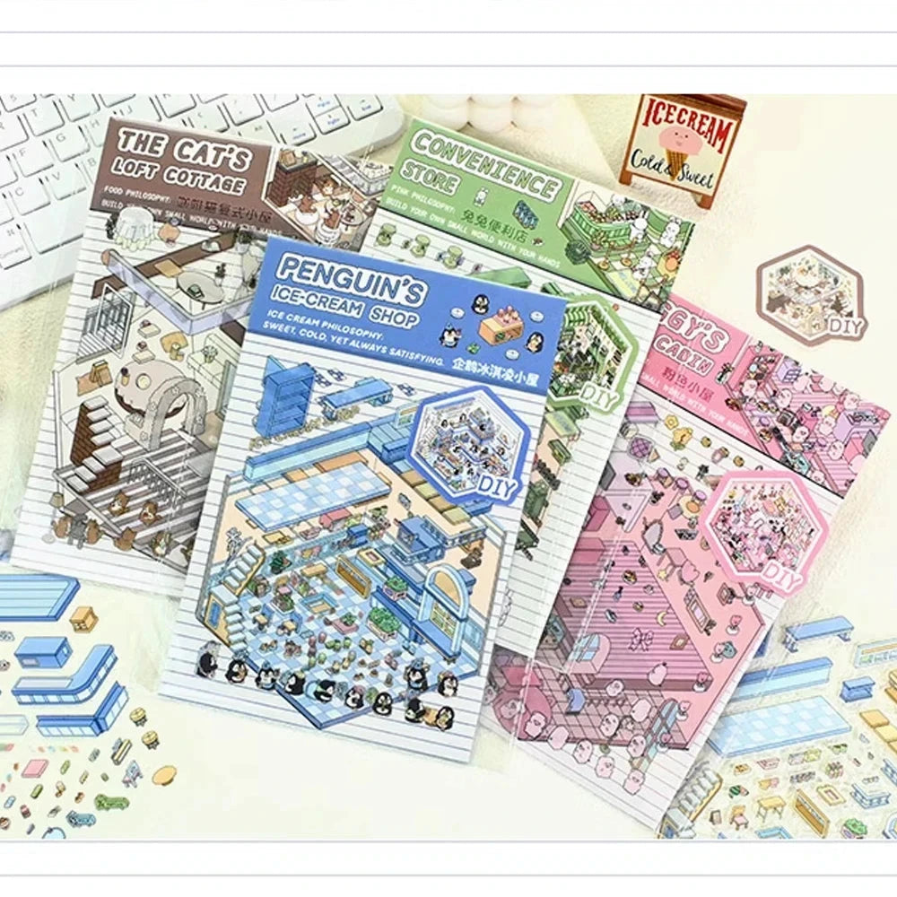Autocollants d'aménagement paysager 3D Kawaii, scène Miniature de dessin animé, empilage visuel, autocollants tridimensionnels, cadeau de noël pour enfants