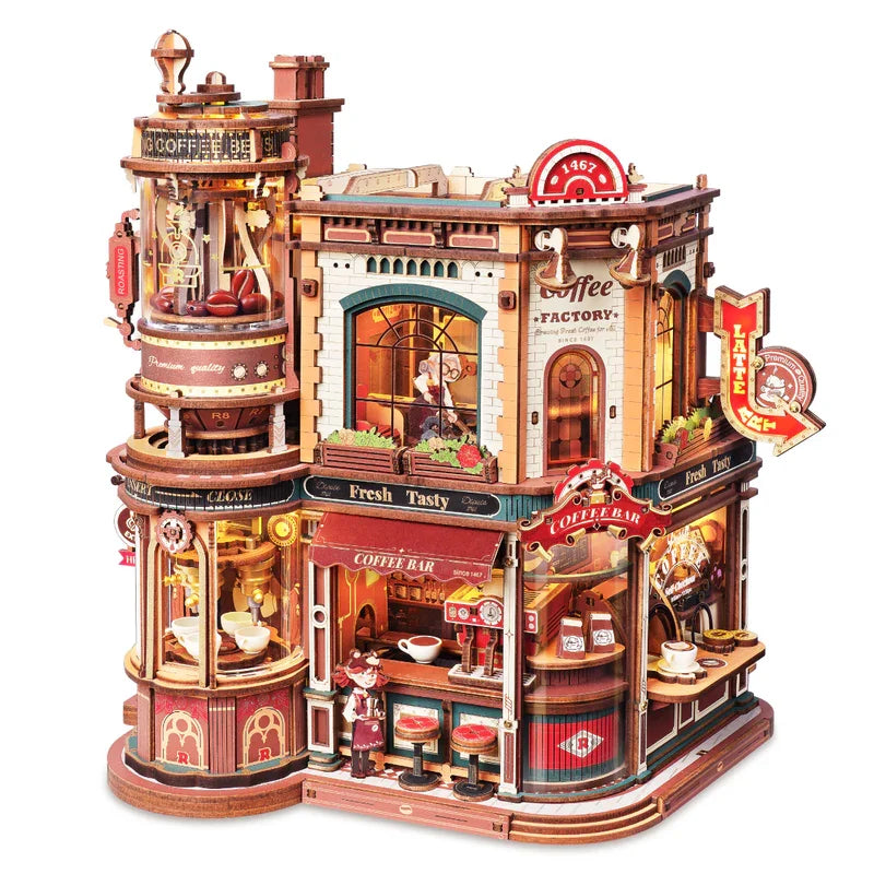ROKR Dream Coffee Factory, 3D-Holzpuzzle, hölzerne Spieluhr, Weihnachts-Holzmodellbausätze, beste Geschenke für Kinder und Erwachsene, EAB02