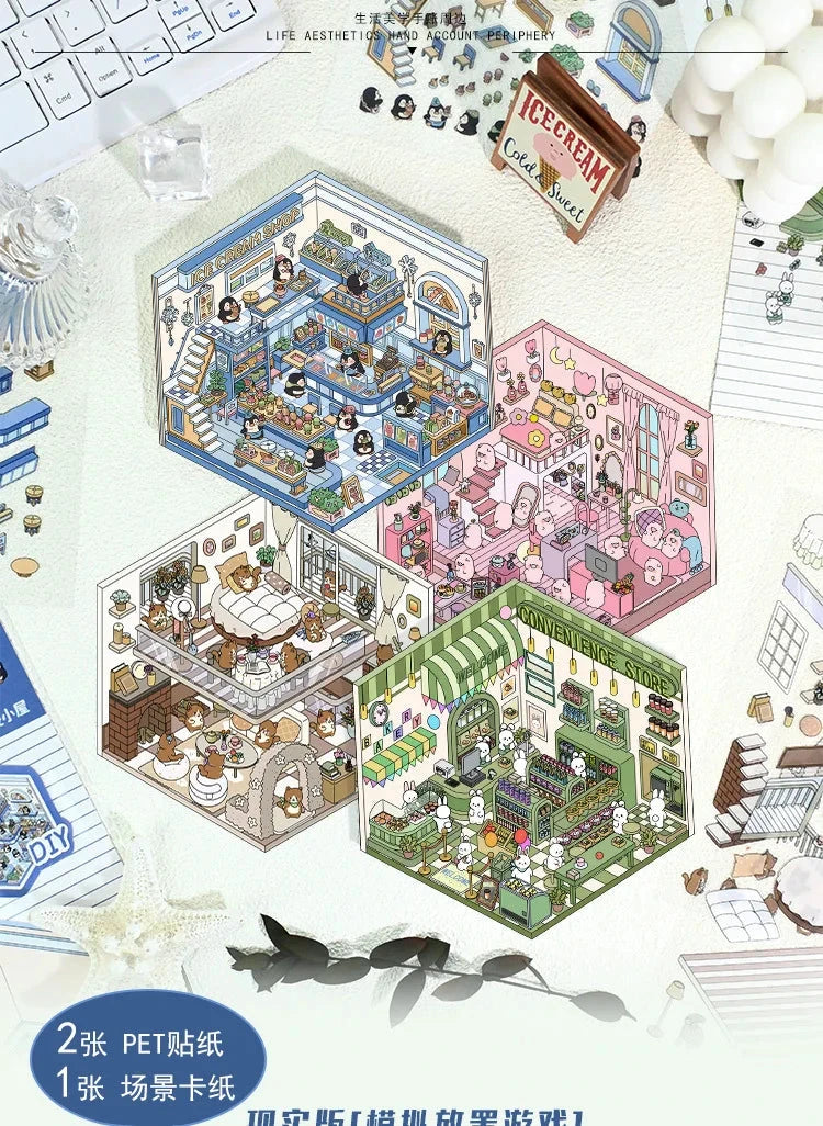 Autocollants d'aménagement paysager 3D Kawaii, scène Miniature de dessin animé, empilage visuel, autocollants tridimensionnels, cadeau de noël pour enfants
