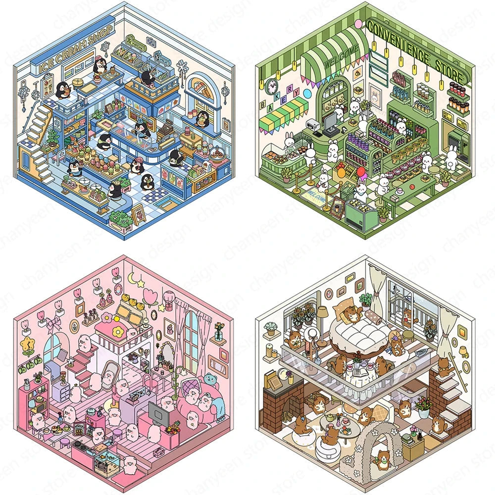 Autocollants d'aménagement paysager 3D Kawaii, scène Miniature de dessin animé, empilage visuel, autocollants tridimensionnels, cadeau de noël pour enfants