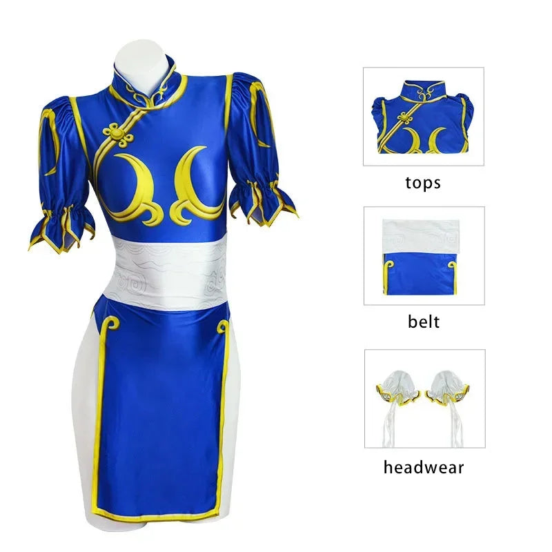Chun-Li Cosplay Kostüm – Blaues Cheongsam – Kleid und Accessoires