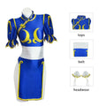 Chun-Li Cosplay Kostüm – Blaues Cheongsam – Kleid und Accessoires