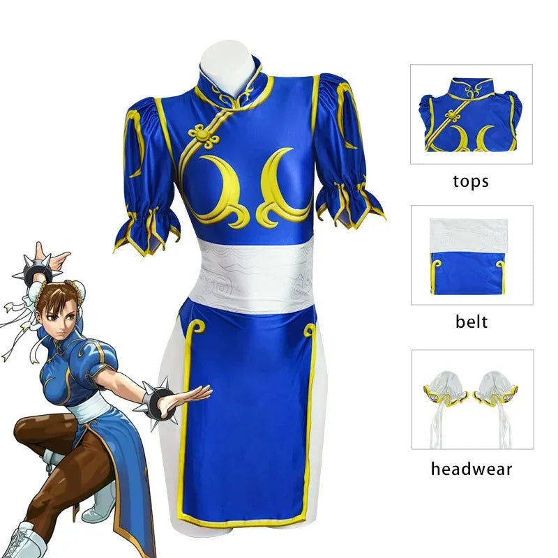 Chun-Li Cosplay Kostüm – Blaues Cheongsam – Kleid und Accessoires