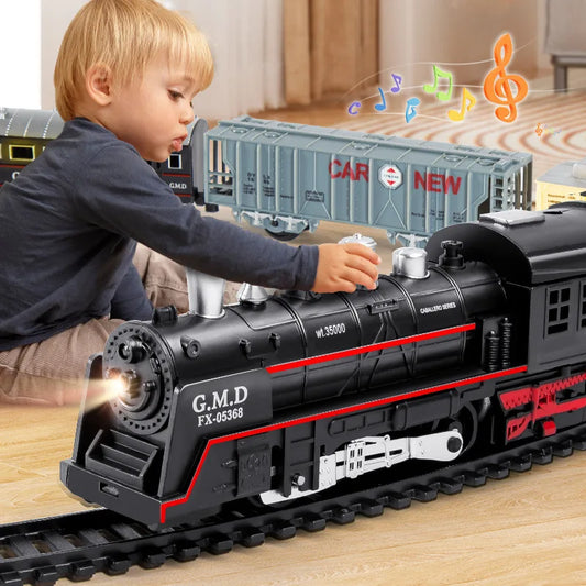 Ensemble de Train électrique avec lumières, modèle de Train de Locomotive avec entraîneur de passagers/voiture de chargement et pistes, cadeaux d'anniversaire et de noël pour enfants