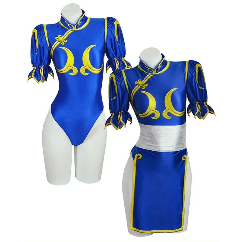 Chun-Li Cosplay Kostüm – Blaues Cheongsam – Kleid und Accessoires