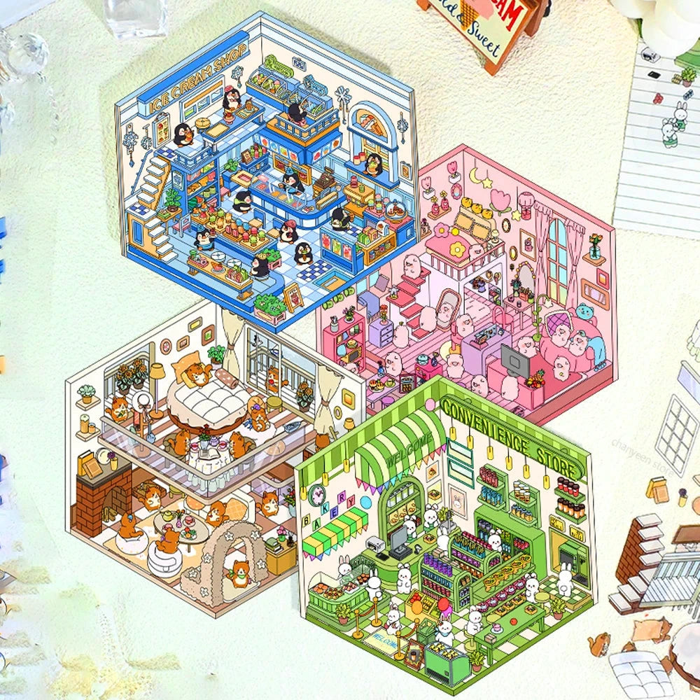Autocollants d'aménagement paysager 3D Kawaii, scène Miniature de dessin animé, empilage visuel, autocollants tridimensionnels, cadeau de noël pour enfants