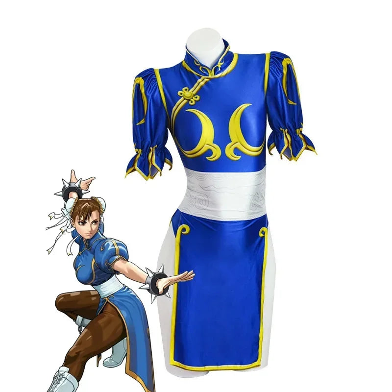 Chun-Li Cosplay Kostüm – Blaues Cheongsam – Kleid und Accessoires