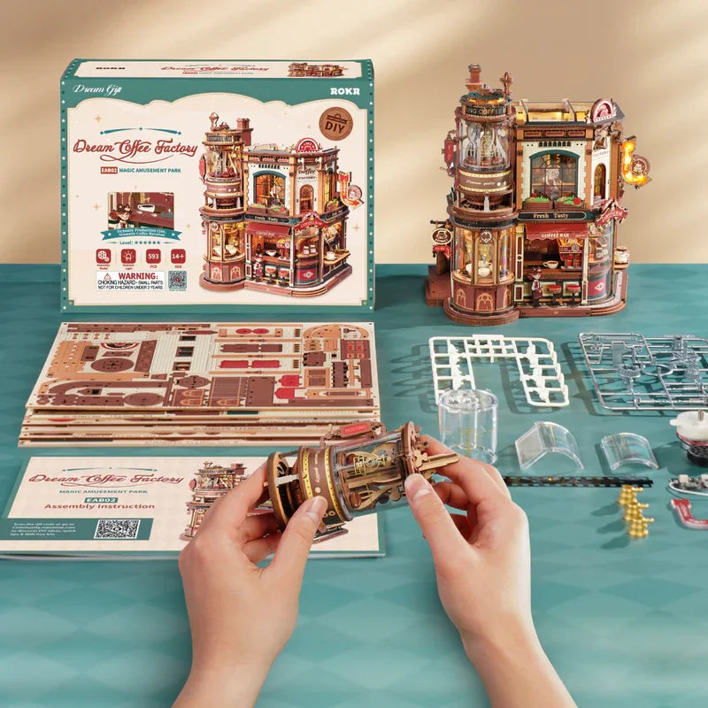 ROKR Dream Coffee Factory, 3D-Holzpuzzle, hölzerne Spieluhr, Weihnachts-Holzmodellbausätze, beste Geschenke für Kinder und Erwachsene, EAB02