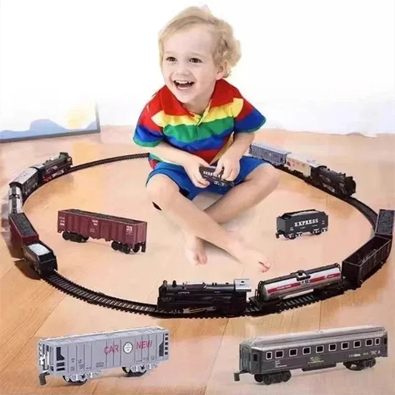 Ensemble de Train électrique avec lumières, modèle de Train de Locomotive avec entraîneur de passagers/voiture de chargement et pistes, cadeaux d'anniversaire et de noël pour enfants