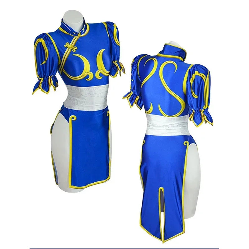 Chun-Li Cosplay Kostüm – Blaues Cheongsam – Kleid und Accessoires