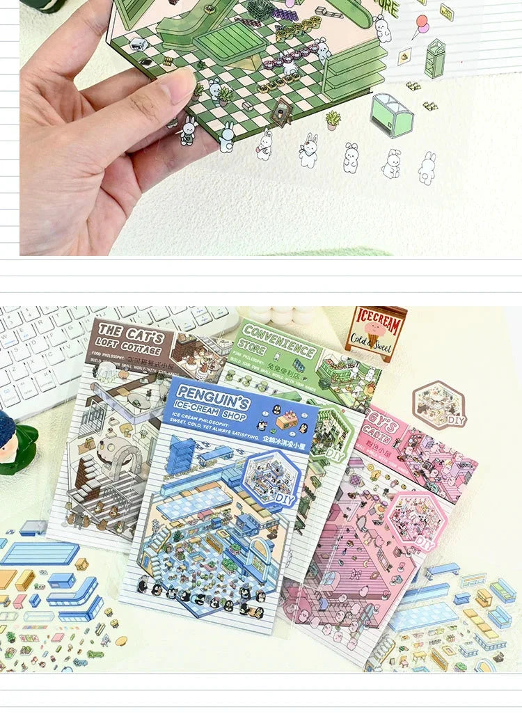 Autocollants d'aménagement paysager 3D Kawaii, scène Miniature de dessin animé, empilage visuel, autocollants tridimensionnels, cadeau de noël pour enfants