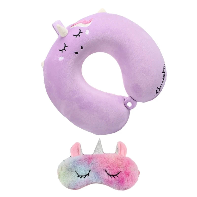 Oreiller de voyage cervical avec masque pour les yeux – Motif licorne