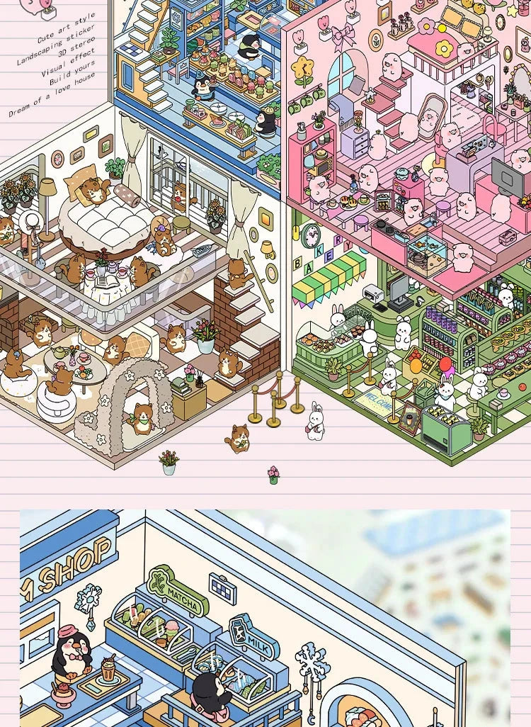 Autocollants d'aménagement paysager 3D Kawaii, scène Miniature de dessin animé, empilage visuel, autocollants tridimensionnels, cadeau de noël pour enfants