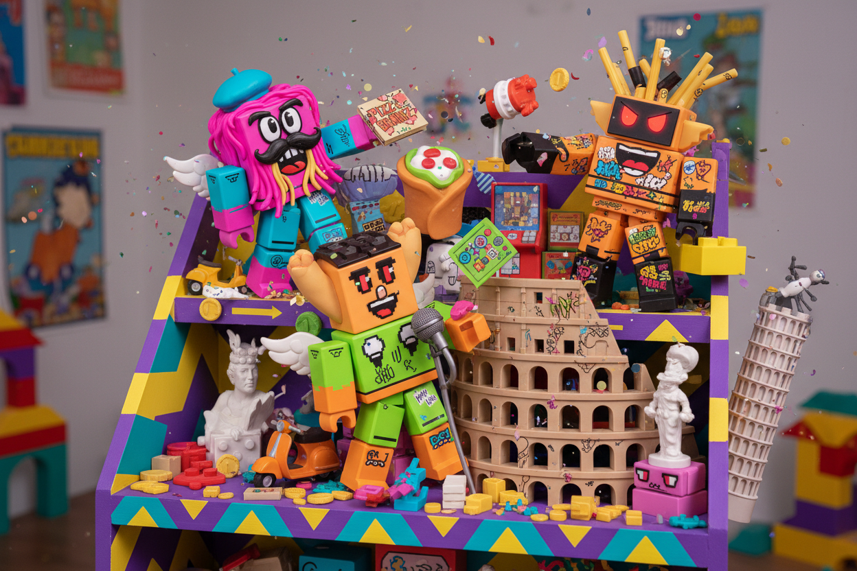 Cartoon-style figurines inspired by Roblox and Italian Brainrot characters, colorful, absurd, fun and chaotic, displayed on a vibrant toy shelf – for kids and collectors.