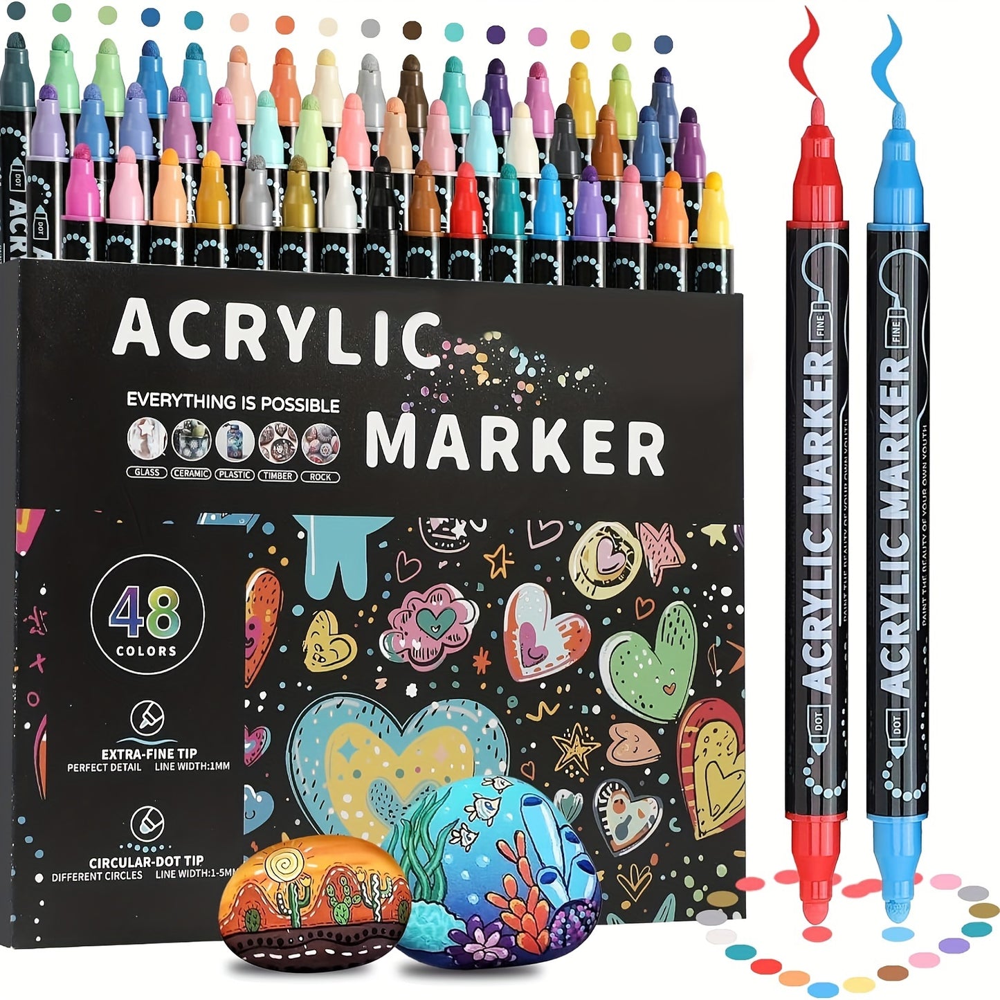 36 Colors Dual Tip Acrylic Pens Markers, Double Tip Premium Acrylic Markers, Acrylic Markers for Wood, Rock Painting, Glass, Canvas, Stone, DIY Crafts Making Art Supplies